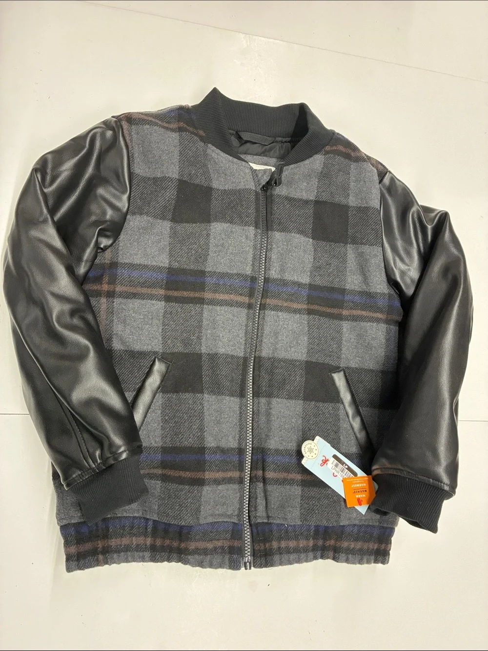 NEW Cat & Jack Boys Plaid Bomber Jacket with Faux Leather Sleeves